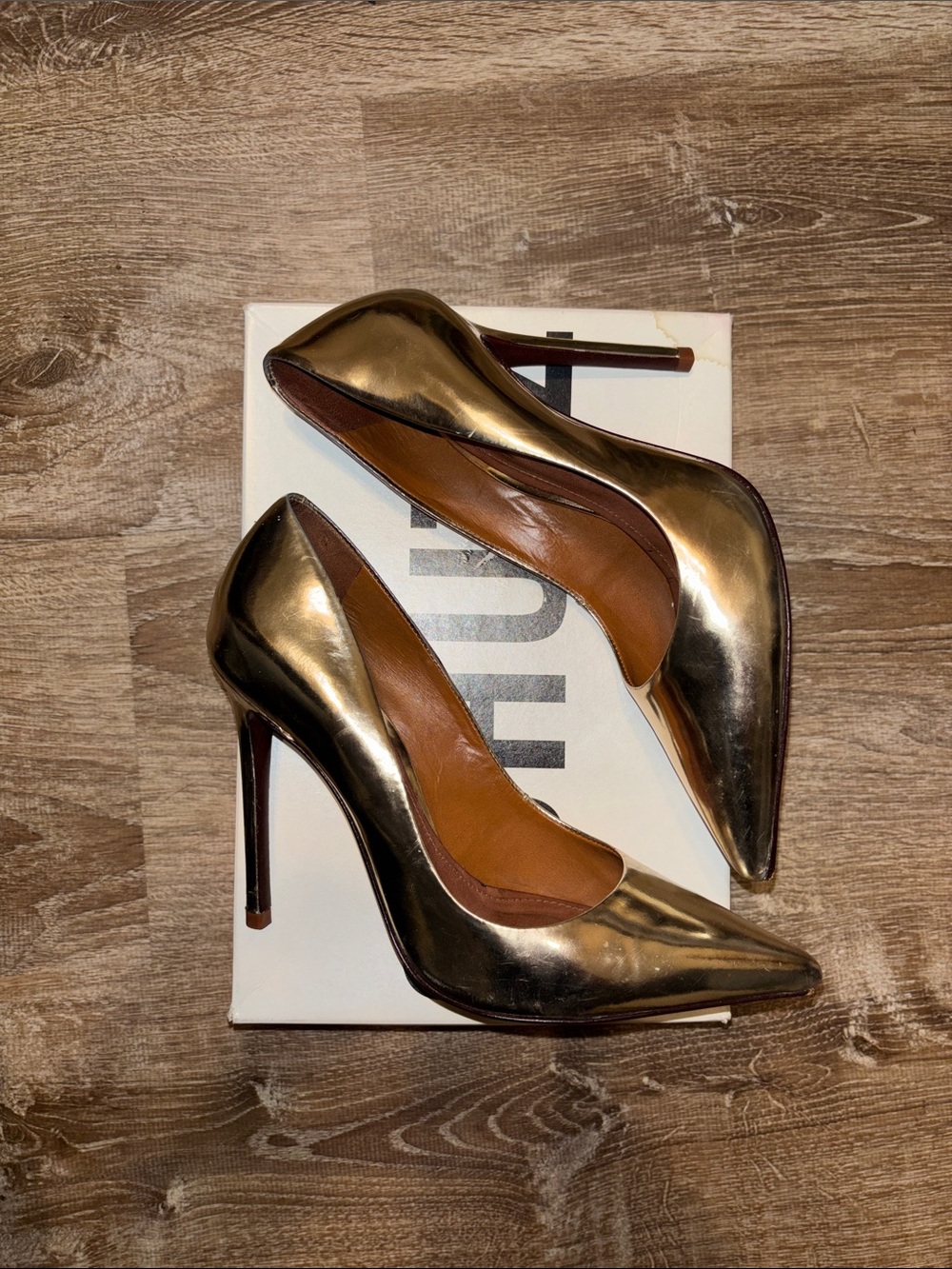 SCHUTZ Metallic Gold Pointed-Toe Stiletto Pumps - Picture 3 of 6